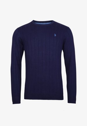 Dunkelblauer, gerippter Strickpullover mit langen Ärmeln, Rundhals und kleinem gesticktem Logo auf der linken Brust.