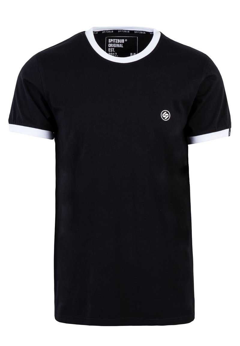 Schwarz T-Shirt mit kurzen Ärmeln, weißem geripptem Kragen und Ärmelabschlüssen, mit einem kleinen Logo auf der Brust. Hergestellt aus einem weichen Baumwollmaterial.