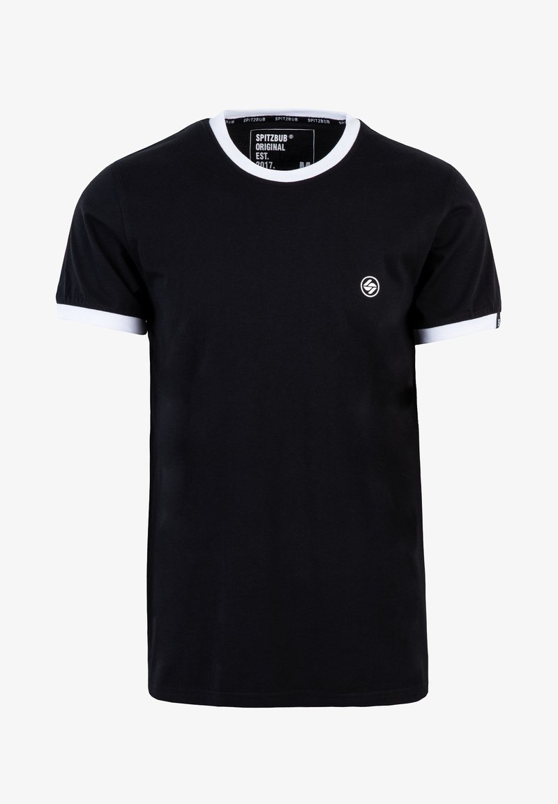 Zwarte T-shirt met korte mouwen, witte geribde kraag en mouwrandjes, met een klein logo op de borst. Gemaakt van een zachte, katoenen stof.