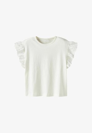 White short-sleeve blouse with ruffled lace details on sleeves and round neckline, plain front, lightweight fabric.