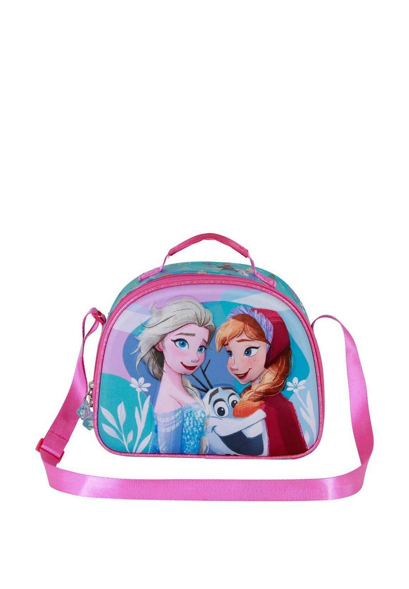 Sac à épaule en tissu doux, arborant un design rose et turquoise, avec des personnages imprimés et une fermeture éclair. Il comprend une bandoulière rose et une poignée.