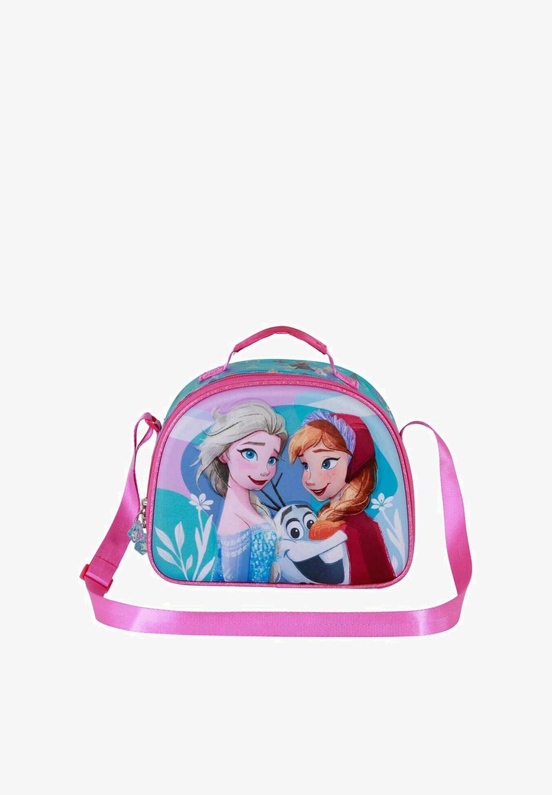 Sac à épaule en tissu doux, arborant un design rose et turquoise, avec des personnages imprimés et une fermeture éclair. Il comprend une bandoulière rose et une poignée.