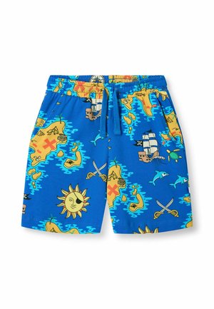 Blaue Kleinkind-Shorts mit Piratenthema, darunter Schatzinseln, gekreuzte Schwerter, Piratenschiff, Delfine, Sonne mit Augenklappe und Meeresschildkröten.
