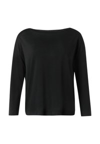Zwarte langemouwen top met een wijde halslijn en een losse pasvorm. Gemaakt van een zachte, gladde stof met minimale naden en zonder patronen.