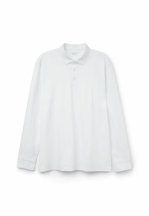 Polo shirt blanc à manches longues en coton de qualité supérieure, avec un col, une patte de boutonnage à trois boutons et des manches à poignets.