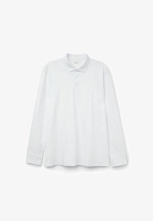 Bílá polo košile s dlouhým rukávem vyrobená z prémiové bavlny, s límečkem, třemi knoflíčky na zapínání a manžetami na rukávech.