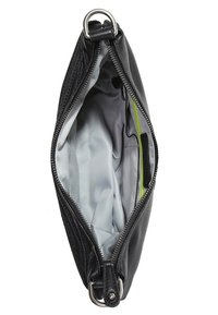 Clutch in pelle nera con chiusura a zip. Interno foderato in tessuto grigio chiaro, con un accento verde e una tasca per l'organizzazione.