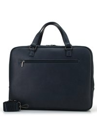 Marinelederen laptoptas met dubbele handvatten, een voorkant met ritsvak en een afneembare schouderriem. Gladde textuur en minimalistisch ontwerp.