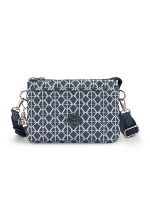 Navy patterned crossbody bag with a geometric design, zip closure, silver hardware, and a detachable strap. Features a logo emblem.