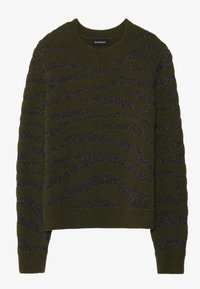 Olivgrüner Pullover mit einem strukturierten Zebramuster aus dunklen Fäden. Gerippter Ausschnitt und Bündchen. Weiches Strickmaterial.