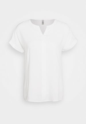 White short-sleeve blouse with a v-neck, featuring a front center seam. Made of lightweight fabric, smooth texture, and relaxed fit.