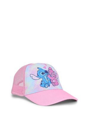 Cappello rosa con retro in rete. Presenta un pannello frontale tie-dye con personaggi dei cartoni animati blu e rosa. Visiera curva e vestibilità regolabile.