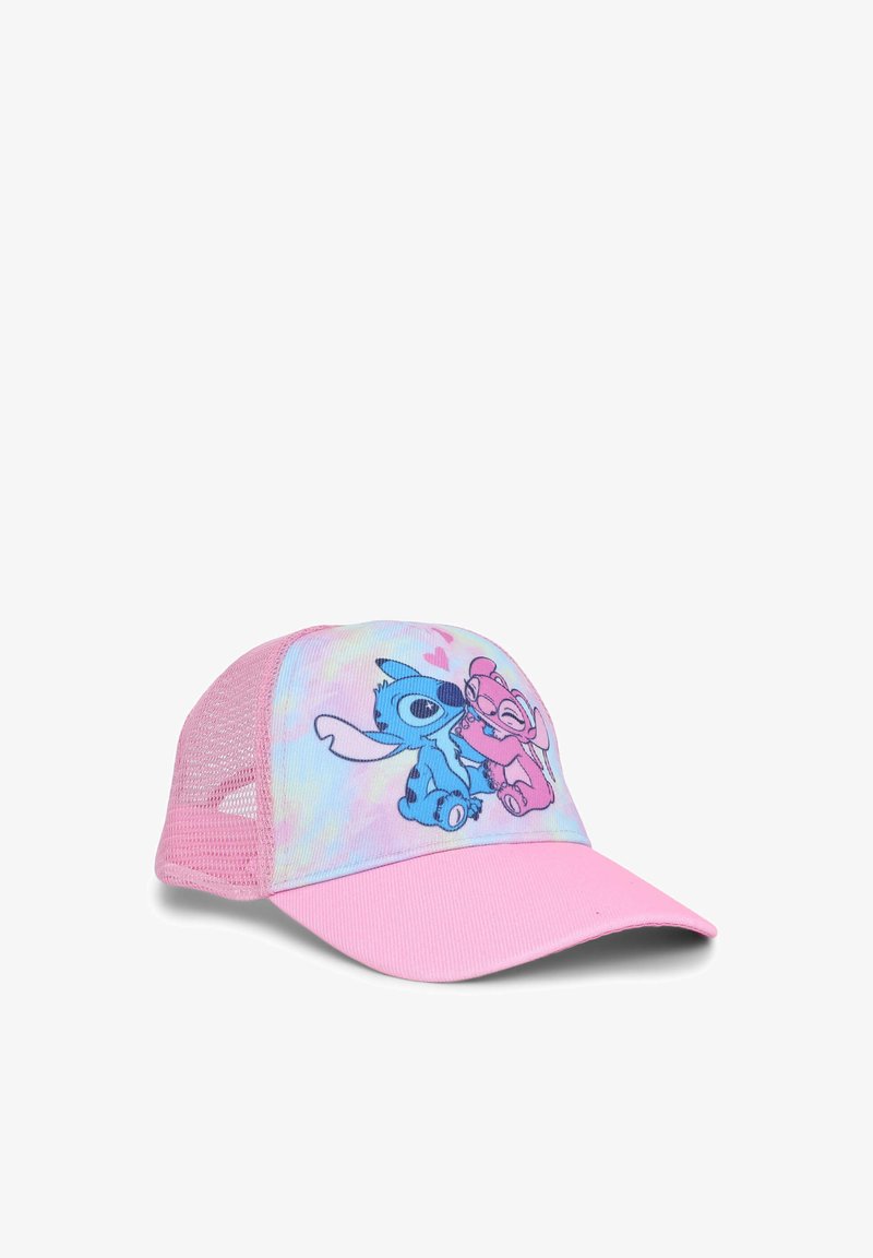 Cappello rosa con retro in rete. Presenta un pannello frontale tie-dye con personaggi dei cartoni animati blu e rosa. Visiera curva e vestibilità regolabile.