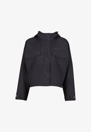 Afgeknotte zwarte jas met een capuchon, voorzien van twee voorklepzakken en zijritsen. Gemaakt van een gladde, duurzame stof met een minimalistisch ontwerp.