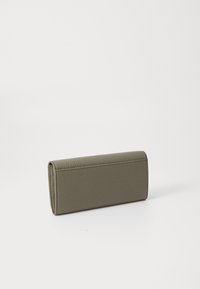 Green leather rectangular wallet with a textured finish, featuring a fold-over design and stitched edges, positioned on a white background.