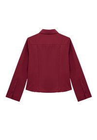 Burgundy shirt jacket with a collared neck, long sleeves, and buttoned cuffs. Smooth texture, tailored fit, and seam detailing at the back.