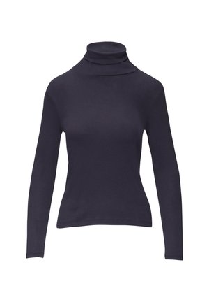 Langetermijn mouwen coltrui in donker marineblauw. Gemaakt van een zachte, gladde stof met een getailleerde pasvorm en hoge hals. Geen patronen of hardwaredetails.