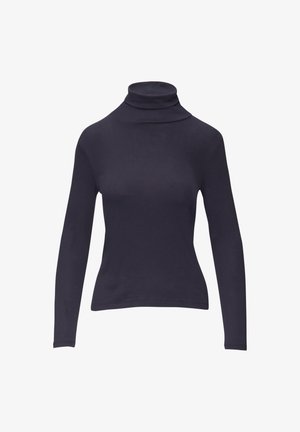 Langetermijn mouwen coltrui in donker marineblauw. Gemaakt van een zachte, gladde stof met een getailleerde pasvorm en hoge hals. Geen patronen of hardwaredetails.