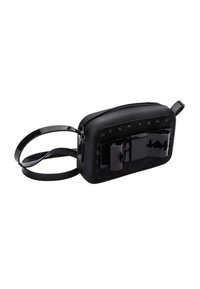 Borsa a tracolla rettangolare nera realizzata in materiale liscio, con un fiocco decorativo frontale, chiusura con zip e una tracolla sottile e lucida.