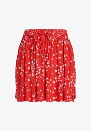 Röd kjol med vita blommönster, med resårmidja och dragsko. Tillverkad av lätt, texturerad tyg, utformad för komfort.