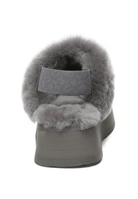Gray slip-on shoe with a plush fur collar, flat rubber sole, patterned fabric strap, and a smooth textured finish.