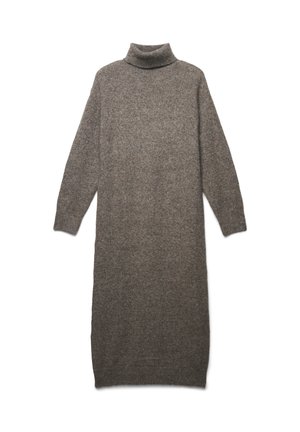 Abito oversize con collo a dolcevita in un morbido misto lana marrone testurizzato. Presenta maniche lunghe e una silhouette dritta di lunghezza midi.