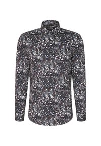 Maglietta a maniche lunghe con un intricato motivo paisley in nero, blu e bianco su sfondo nero; realizzata in tessuto leggero.