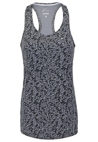 Top sportivo Nike Dri-FIT in nero e grigio. Caratterizzato da un tessuto leggero e traspirante con un motivo di forme astratte. Design con spalline incrociate.