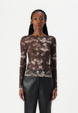 Long-sleeve brown tie-dye top made of sheer fabric, featuring a round neckline and a subtle button detail at the hem.