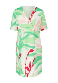 Kurzärmliges Kleid mit V-Ausschnitt, aus leichtem Stoff mit einem tropischen Blattmuster in Grün, Rot und Pink auf weißem Hintergrund.