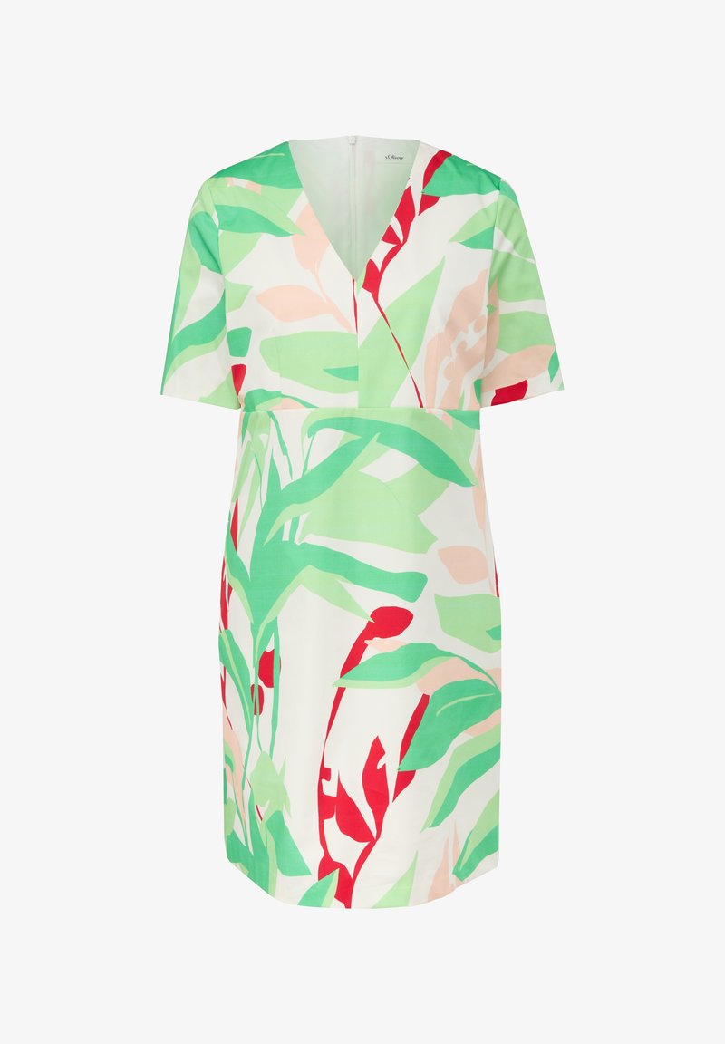 Kurzärmliges Kleid mit V-Ausschnitt, aus leichtem Stoff mit einem tropischen Blattmuster in Grün, Rot und Pink auf weißem Hintergrund.