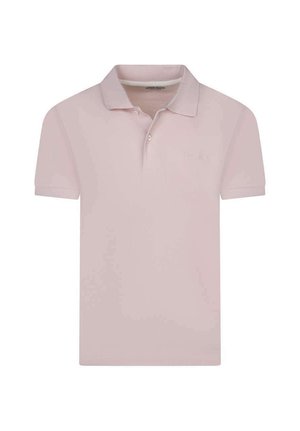 Hellrosa kurzärmliges Polohemd mit Kragen und zwei Knöpfen, mit dezent eingesticktem Markenlogo auf der linken Brust.