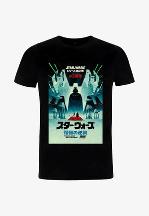 Schwarzes Baumwoll-T-Shirt mit einem grafischen Druck von "Star Wars", ausgestattet mit einer blauen und grünen Illustration von Charakteren und Raumschiffen.