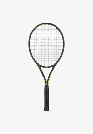 Tennisschläger mit schwarzem Rahmen, gelben Akzenten, ovalem Kopf und strukturiertem schwarzem Griff. Die Saiten sind gleichmäßig im Rahmen angeordnet.