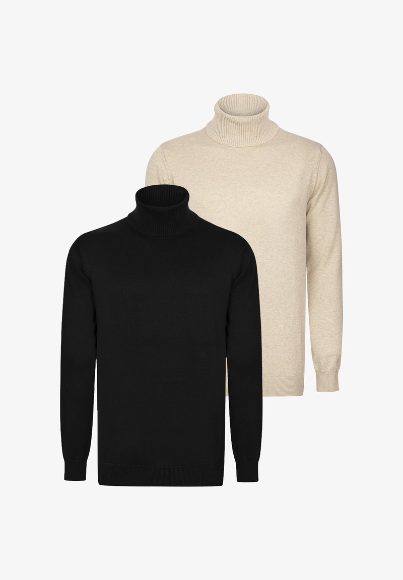 Due maglioni a collo alto: uno nero e uno beige. Entrambi presentano maniche lunghe, colli a coste e una trama a maglia liscia.