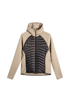 Beżowa kurtka z długim rękawem z kapturem i czarnym pikowanym przednim panelem, wyposażona w zamek błyskawiczny na całej długości z przodu oraz wysoki kołnierz.