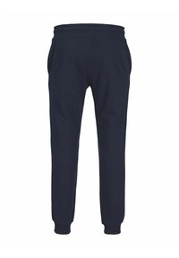 Pantalones de chándal azul marino con cinturilla elástica, bolsillos laterales y puños ajustados. Hechos de una tela suave con una textura lisa.