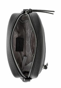 Black leather bag with a zip closure. Interior features a gray fabric lining with a geometric pattern. Includes a small black pocket inside.