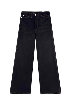 Jeans de pierna ancha hechos de denim oscuro, con una cintura alta, dos bolsillos frontales, un cierre de botón y detalles de costura amarilla en contraste.