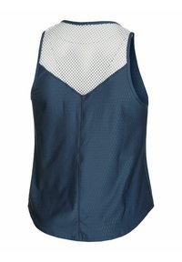 Mouwloze marineblauwe sporttanktop met een witte meshpaneel op de bovenrug en ademende gestructureerde stof.