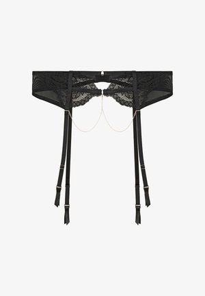 Jarretière en dentelle noire avec quatre bretelles réglables et chaînes décoratives dorées reliant les bretelles avant.