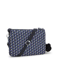 Borsa a tracolla decorativa blu navy con motivo esagonale, chiusura con zip, tracolla regolabile e un'accortezza in pom-pom nera. Tessuto testurizzato.