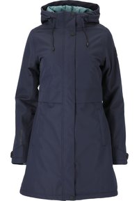 Navy vedenne vedroætta jakke med hette, med en lys blå fôr, trykknapper og et enkelt, boksaktig design. Inkluderer justerbare snorer.