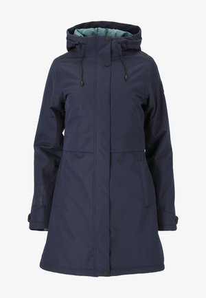 Navy vedenne vedroætta jakke med hette, med en lys blå fôr, trykknapper og et enkelt, boksaktig design. Inkluderer justerbare snorer.