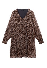 Vestido de estampado de leopardo con escote en V, mangas largas y una silueta fluida en capas hecho de una tela ligera y translúcida.