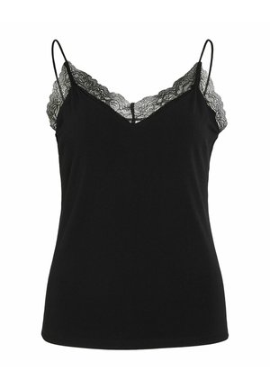 Camisole noire en tissu doux, avec un décolleté en V et des détails en dentelle le long des bretelles et du col. Design simple sans manches.