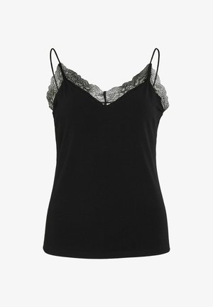 Zwarte cami gemaakt van zachte stof, met een V-hals en kantversiering langs de bandjes en de halslijn. Eenvoudig, mouwloos ontwerp.