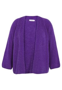 Cardigan viola realizzato in tessuto morbido e strutturato. Design aperto sul davanti con maniche larghe, caratterizzato da una vestibilità rilassata. Senza chiusure né motivi.
