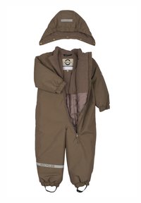 Bruine skipak van gerecyclede stof met een ritssluiting aan de voorkant, elastische manchetten en een afneembare capuchon. Binnenkant gevoerd met zachte bruine fleece. Reflecterend detail met "RECYCLED".