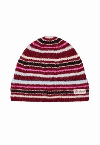 Beanie lavorato a maglia in strisce rosse, rosa e bianche, con una texture morbida. L'etichetta sul lato riporta la scritta "Oh April." Forma tradizionale arrotondata.